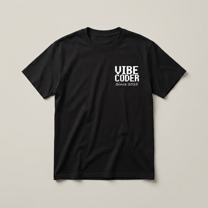 Black t-shirt with a small left-chest print reading VIBE CODER, Since 2025